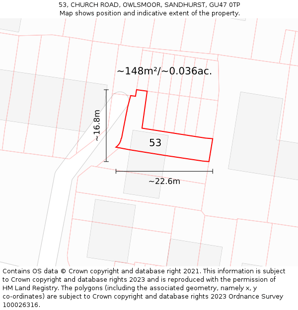 53, CHURCH ROAD, OWLSMOOR, SANDHURST, GU47 0TP: Plot and title map