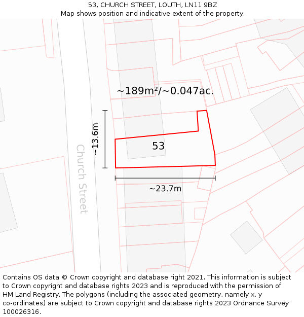 53, CHURCH STREET, LOUTH, LN11 9BZ: Plot and title map