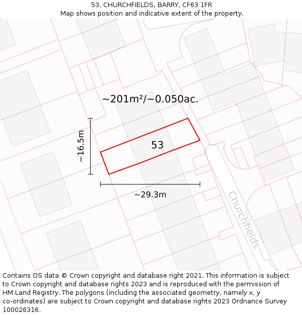 53, CHURCHFIELDS, BARRY, CF63 1FR: Plot and title map