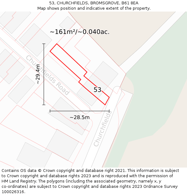 53, CHURCHFIELDS, BROMSGROVE, B61 8EA: Plot and title map
