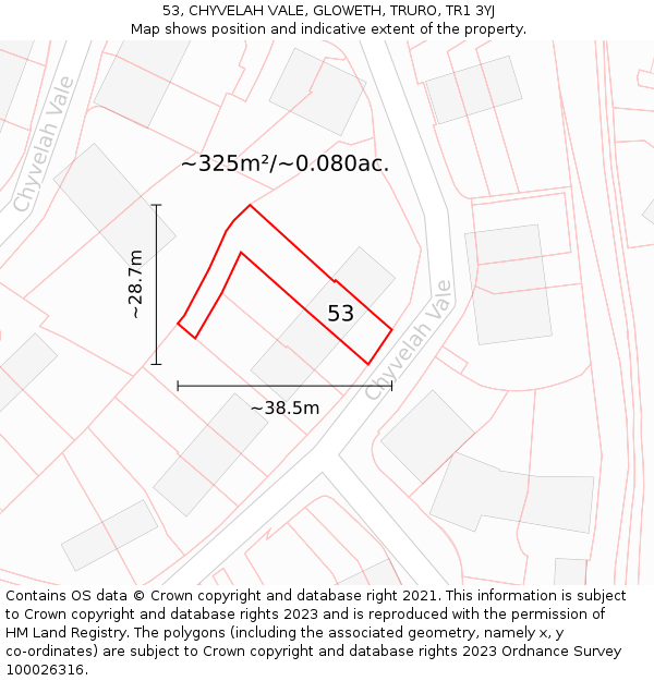 53, CHYVELAH VALE, GLOWETH, TRURO, TR1 3YJ: Plot and title map