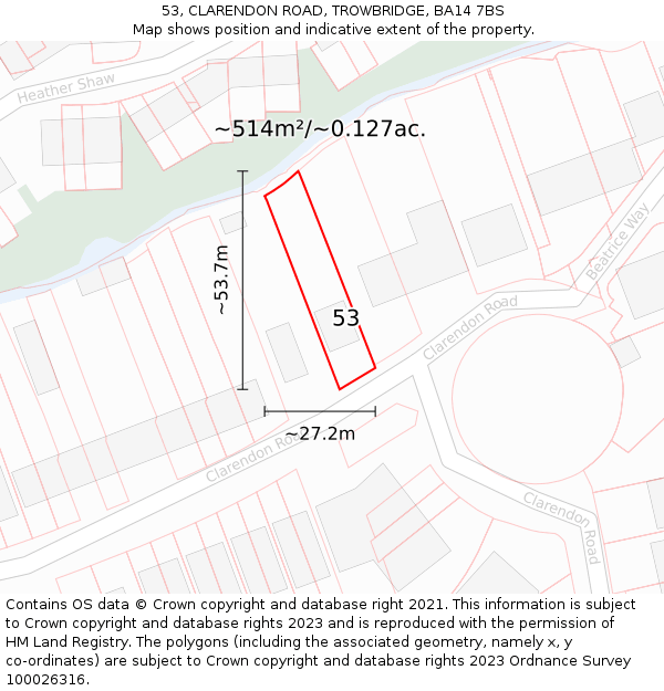 53, CLARENDON ROAD, TROWBRIDGE, BA14 7BS: Plot and title map