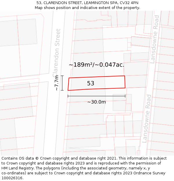53, CLARENDON STREET, LEAMINGTON SPA, CV32 4PN: Plot and title map