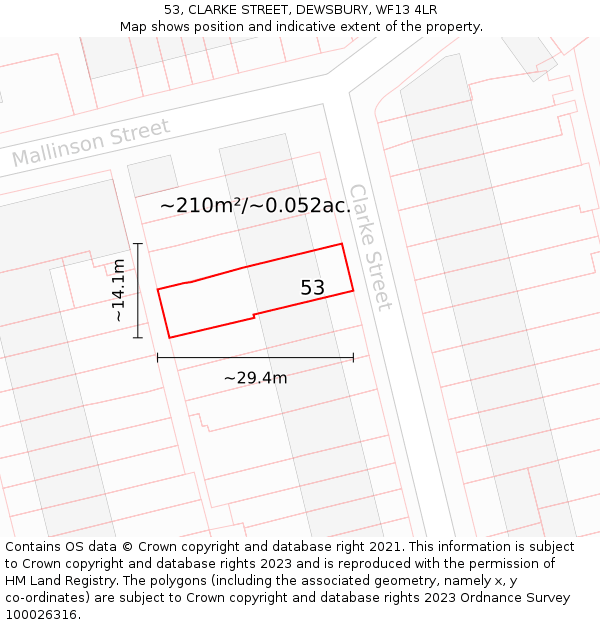 53, CLARKE STREET, DEWSBURY, WF13 4LR: Plot and title map