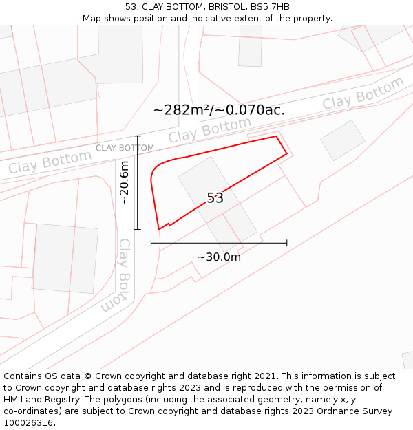 53, CLAY BOTTOM, BRISTOL, BS5 7HB: Plot and title map