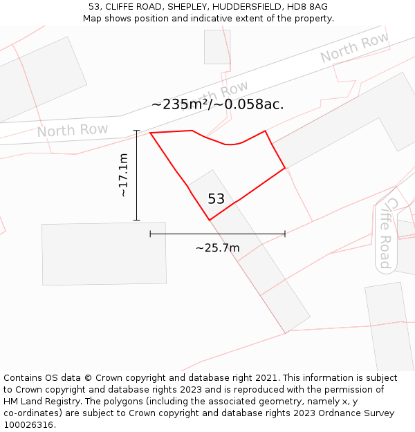 53, CLIFFE ROAD, SHEPLEY, HUDDERSFIELD, HD8 8AG: Plot and title map
