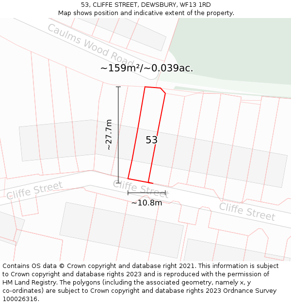 53, CLIFFE STREET, DEWSBURY, WF13 1RD: Plot and title map