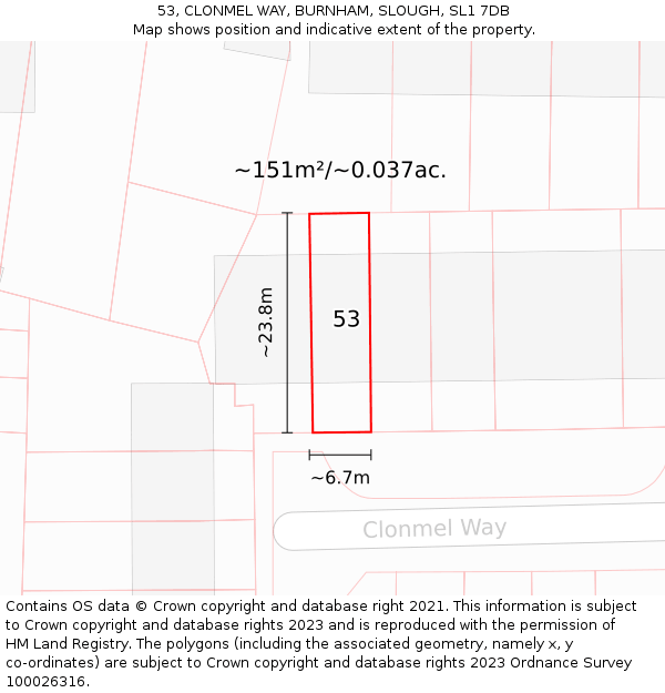 53, CLONMEL WAY, BURNHAM, SLOUGH, SL1 7DB: Plot and title map