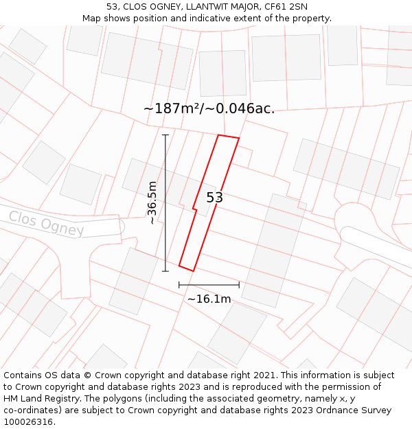 53, CLOS OGNEY, LLANTWIT MAJOR, CF61 2SN: Plot and title map