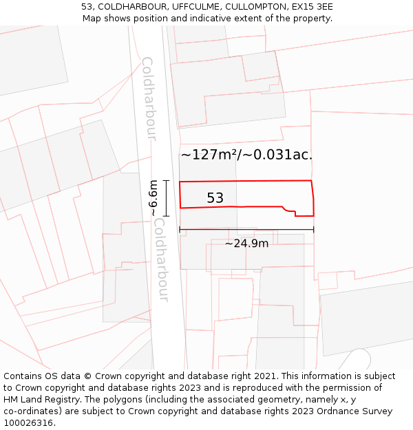 53, COLDHARBOUR, UFFCULME, CULLOMPTON, EX15 3EE: Plot and title map