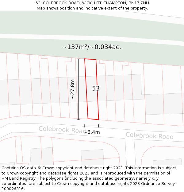 53, COLEBROOK ROAD, WICK, LITTLEHAMPTON, BN17 7NU: Plot and title map