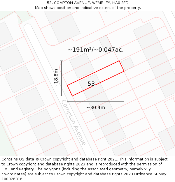 53, COMPTON AVENUE, WEMBLEY, HA0 3FD: Plot and title map