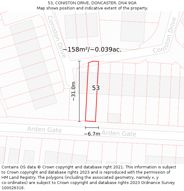53, CONISTON DRIVE, DONCASTER, DN4 9GA: Plot and title map