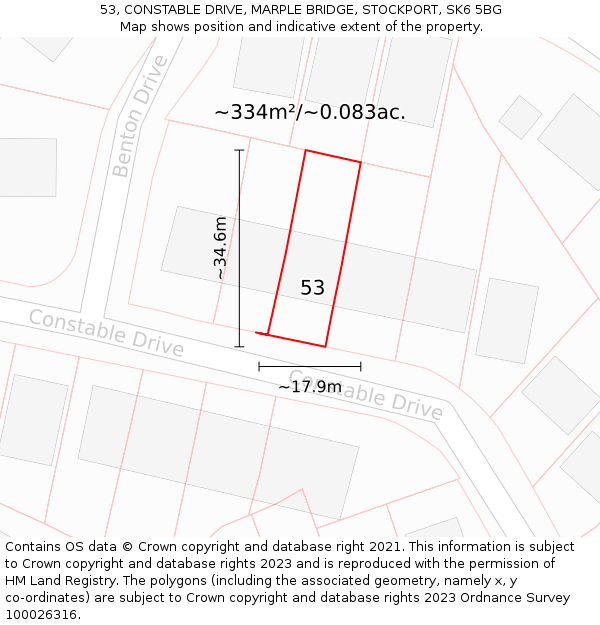 53, CONSTABLE DRIVE, MARPLE BRIDGE, STOCKPORT, SK6 5BG: Plot and title map