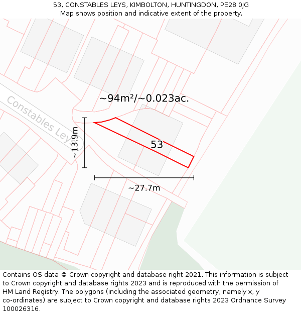 53, CONSTABLES LEYS, KIMBOLTON, HUNTINGDON, PE28 0JG: Plot and title map