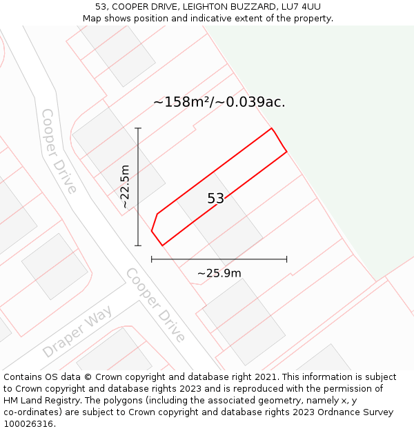 53, COOPER DRIVE, LEIGHTON BUZZARD, LU7 4UU: Plot and title map