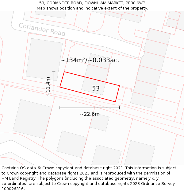 53, CORIANDER ROAD, DOWNHAM MARKET, PE38 9WB: Plot and title map