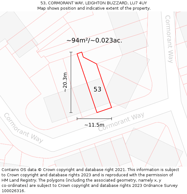 53, CORMORANT WAY, LEIGHTON BUZZARD, LU7 4UY: Plot and title map