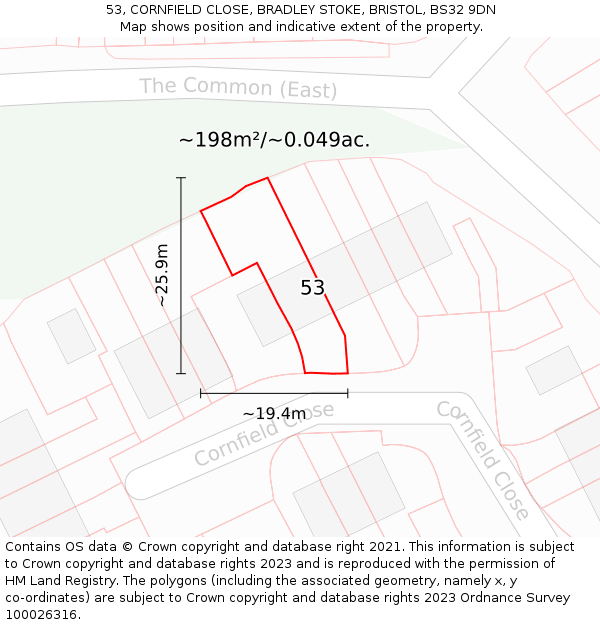 53, CORNFIELD CLOSE, BRADLEY STOKE, BRISTOL, BS32 9DN: Plot and title map