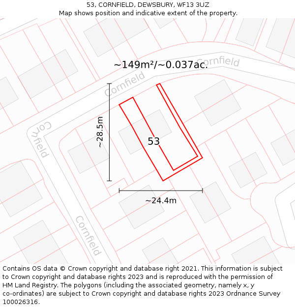 53, CORNFIELD, DEWSBURY, WF13 3UZ: Plot and title map