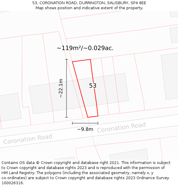 53, CORONATION ROAD, DURRINGTON, SALISBURY, SP4 8EE: Plot and title map
