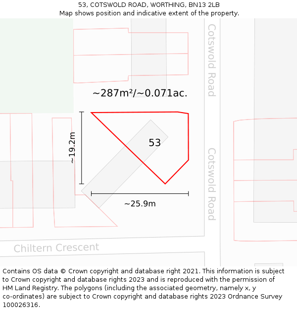 53, COTSWOLD ROAD, WORTHING, BN13 2LB: Plot and title map