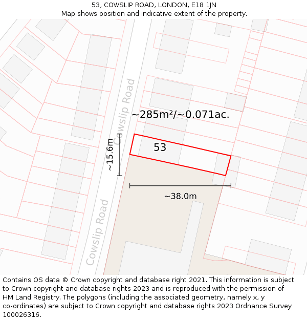 53, COWSLIP ROAD, LONDON, E18 1JN: Plot and title map