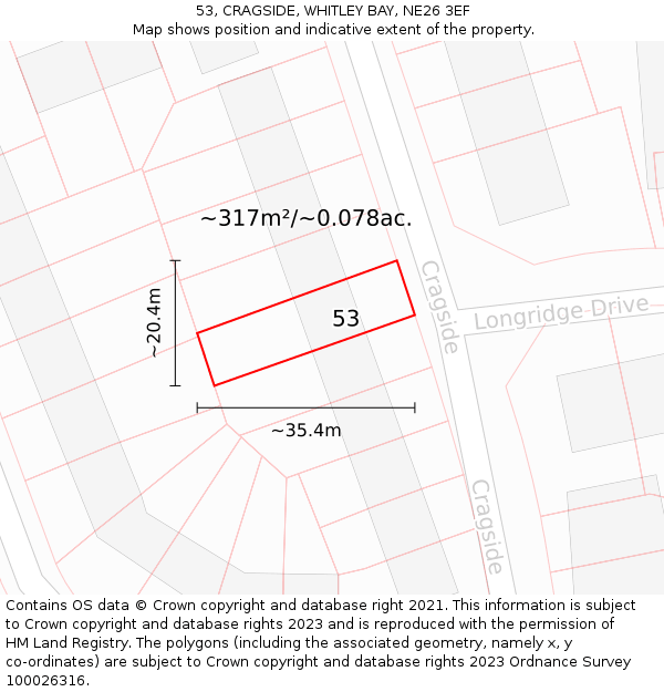 53, CRAGSIDE, WHITLEY BAY, NE26 3EF: Plot and title map