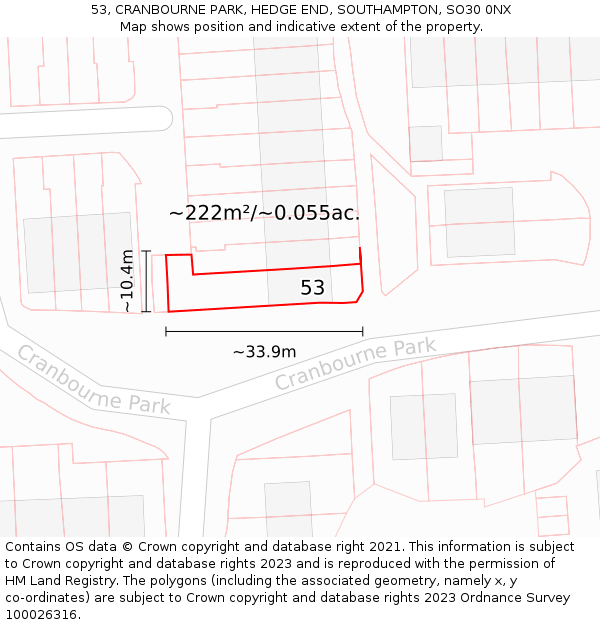 53, CRANBOURNE PARK, HEDGE END, SOUTHAMPTON, SO30 0NX: Plot and title map