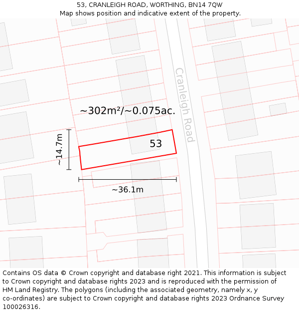 53, CRANLEIGH ROAD, WORTHING, BN14 7QW: Plot and title map