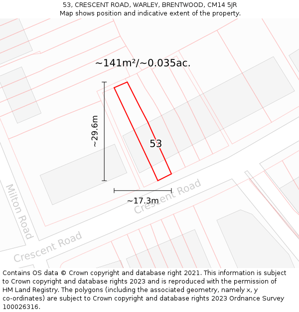 53, CRESCENT ROAD, WARLEY, BRENTWOOD, CM14 5JR: Plot and title map