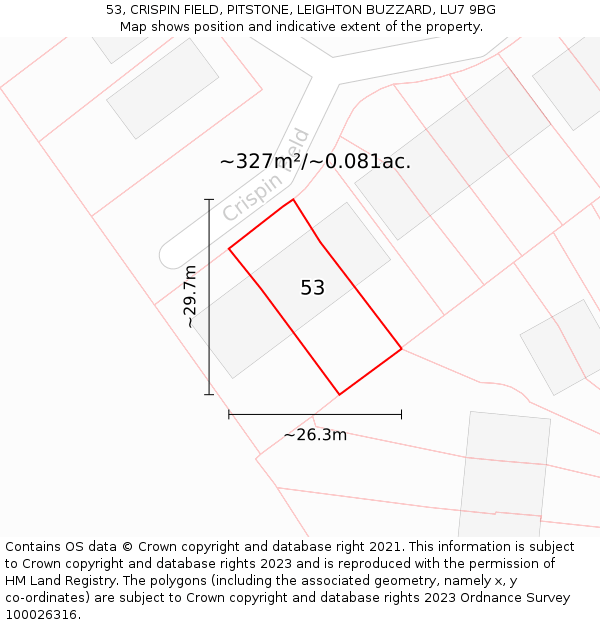 53, CRISPIN FIELD, PITSTONE, LEIGHTON BUZZARD, LU7 9BG: Plot and title map