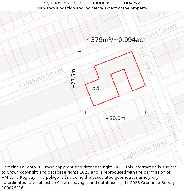 53, CROSLAND STREET, HUDDERSFIELD, HD4 5AS: Plot and title map