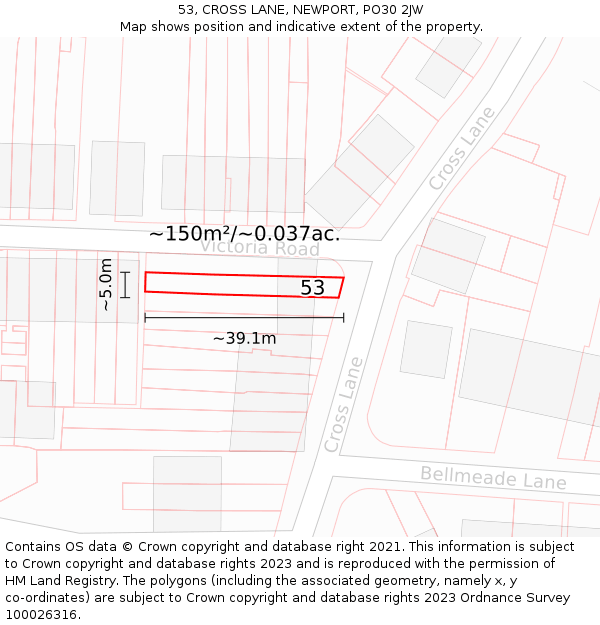 53, CROSS LANE, NEWPORT, PO30 2JW: Plot and title map