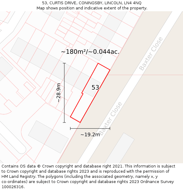 53, CURTIS DRIVE, CONINGSBY, LINCOLN, LN4 4NQ: Plot and title map
