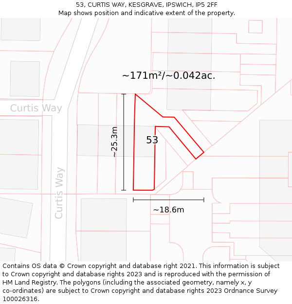 53, CURTIS WAY, KESGRAVE, IPSWICH, IP5 2FF: Plot and title map
