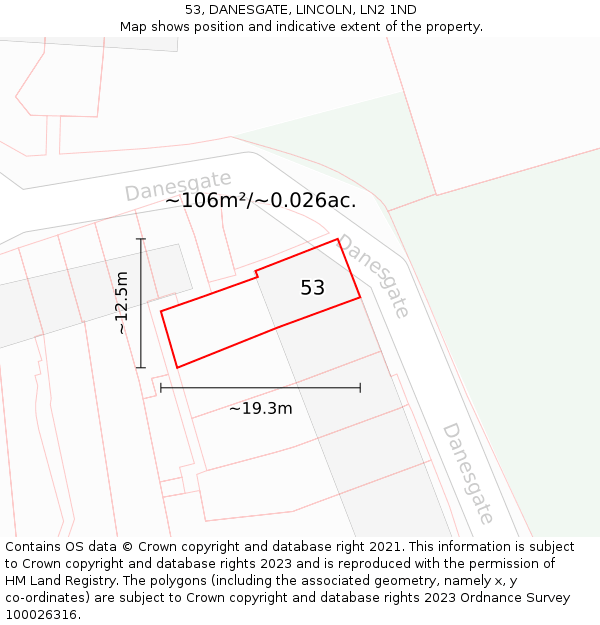 53, DANESGATE, LINCOLN, LN2 1ND: Plot and title map