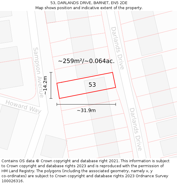53, DARLANDS DRIVE, BARNET, EN5 2DE: Plot and title map