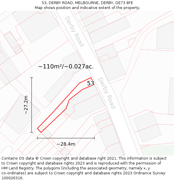 53, DERBY ROAD, MELBOURNE, DERBY, DE73 8FE: Plot and title map