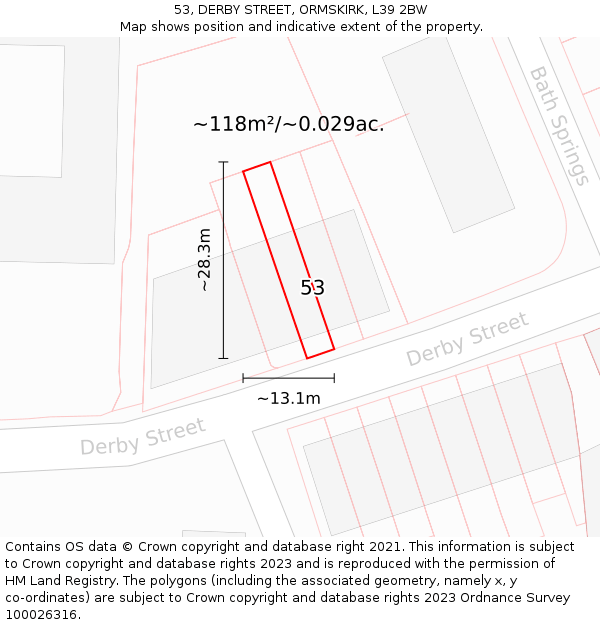 53, DERBY STREET, ORMSKIRK, L39 2BW: Plot and title map