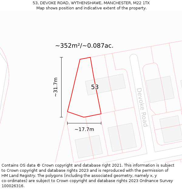 53, DEVOKE ROAD, WYTHENSHAWE, MANCHESTER, M22 1TX: Plot and title map