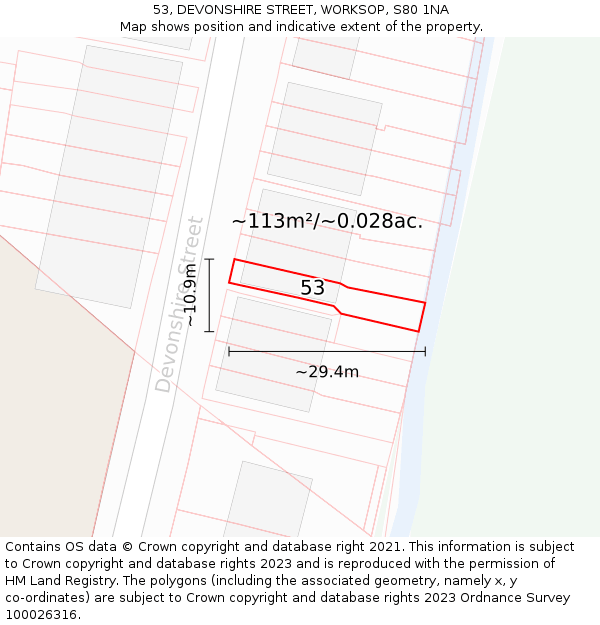 53, DEVONSHIRE STREET, WORKSOP, S80 1NA: Plot and title map
