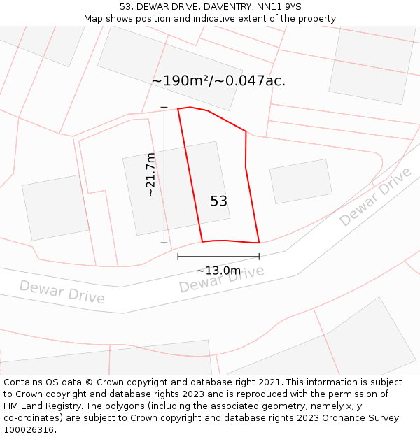 53, DEWAR DRIVE, DAVENTRY, NN11 9YS: Plot and title map