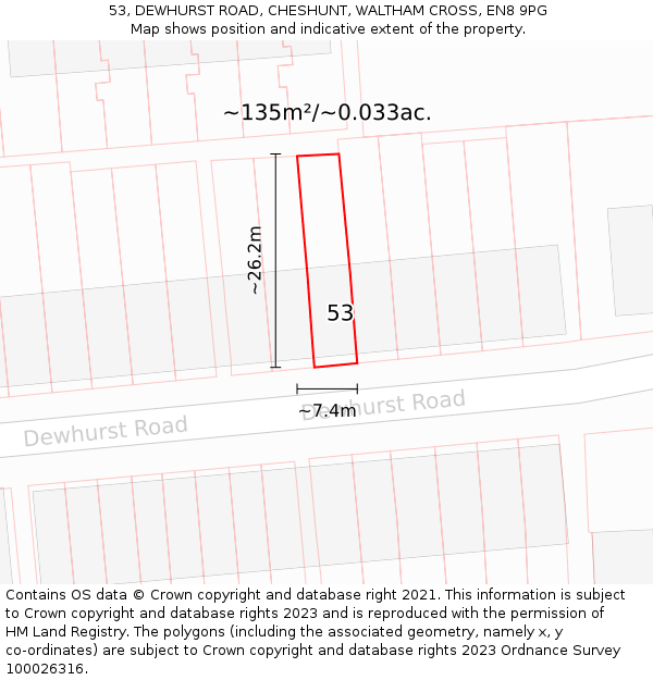 53, DEWHURST ROAD, CHESHUNT, WALTHAM CROSS, EN8 9PG: Plot and title map
