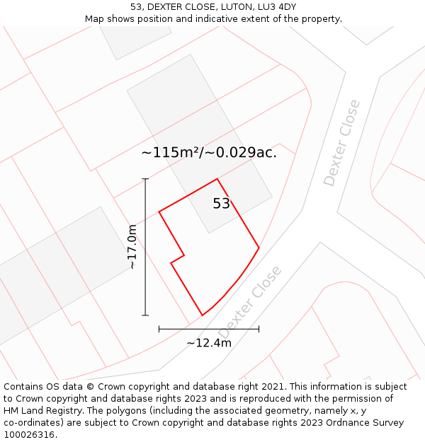 53, DEXTER CLOSE, LUTON, LU3 4DY: Plot and title map