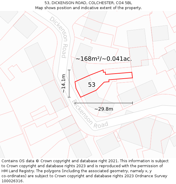 53, DICKENSON ROAD, COLCHESTER, CO4 5BL: Plot and title map