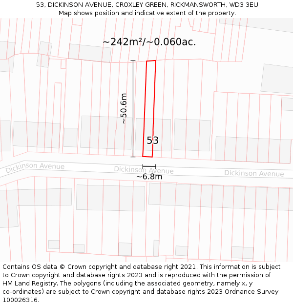 53, DICKINSON AVENUE, CROXLEY GREEN, RICKMANSWORTH, WD3 3EU: Plot and title map