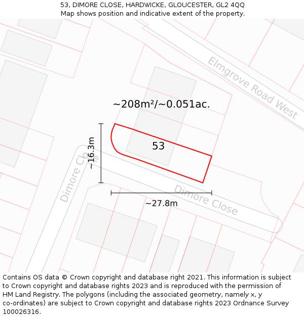 53, DIMORE CLOSE, HARDWICKE, GLOUCESTER, GL2 4QQ: Plot and title map