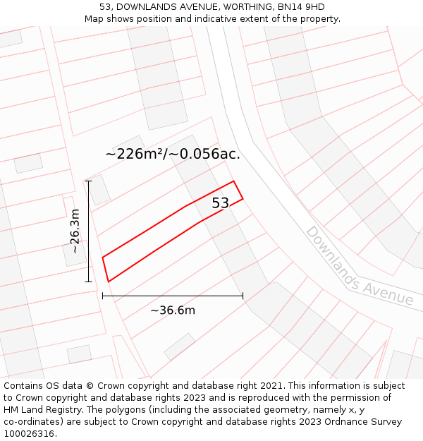53, DOWNLANDS AVENUE, WORTHING, BN14 9HD: Plot and title map