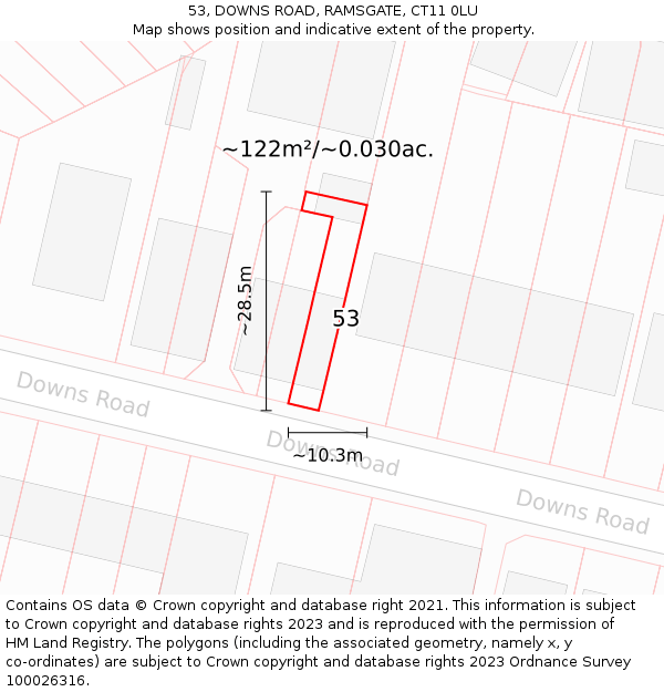 53, DOWNS ROAD, RAMSGATE, CT11 0LU: Plot and title map